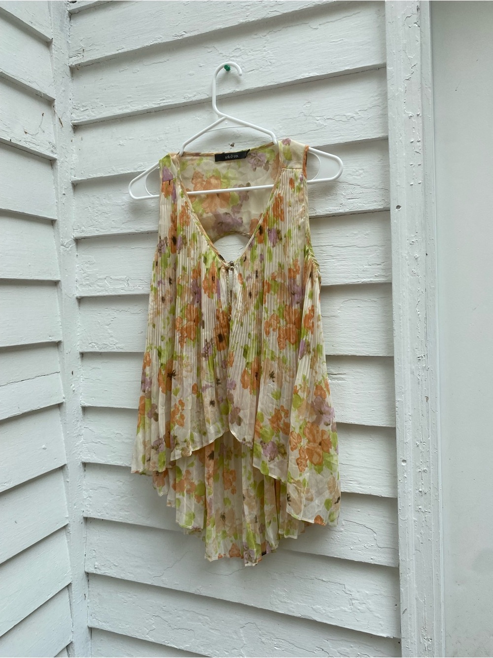Ark & Co Floral Sheer Pleated Blouse Peach, Purple & Cream Flowy Dreamy Flutter